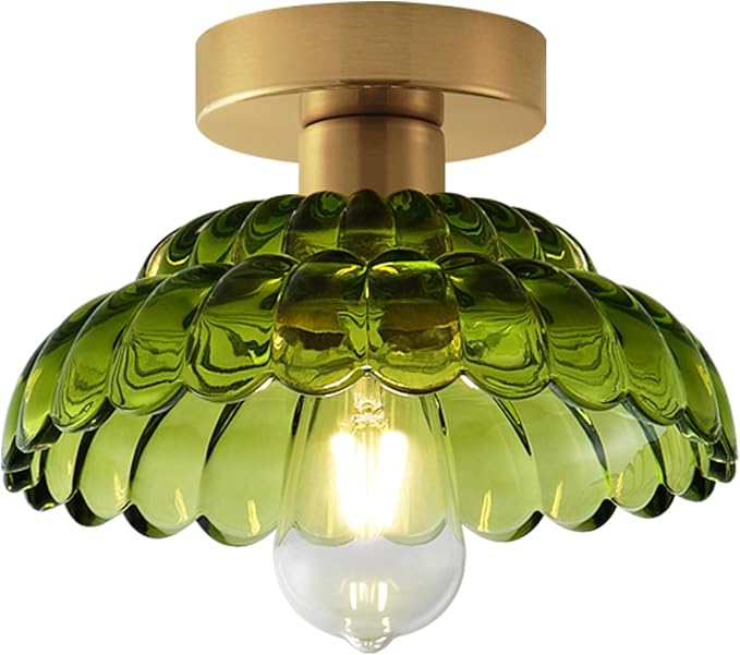 ANYLOVE 10 Inch Green Vintage Glass Semi Flush Mount Ceiling Light, E26 Socket for Bedroom Kitchen Hallway Foyer