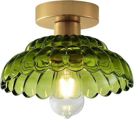 ANYLOVE 10 Inch Green Vintage Glass Semi Flush Mount Ceiling Light, E26 Socket for Bedroom Kitchen Hallway Foyer