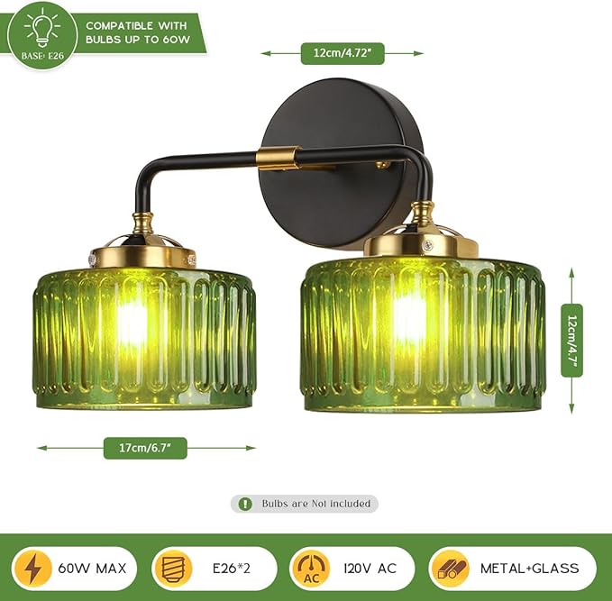 Bathroom Light fixtures Mid Century Wall Sconce 2-Lights with Green Striped Shade Glass Wall Mount Light Modern Vanity Lights for Over Mirror Bedroom Hallway Overhead