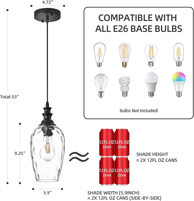Glass Pendant Lights Kitchen Island Hanging Lighting Fixtures, Transparent Water Ripple Glass Lamp Shade Farmhouse Pendant Light Fixtures, Black Pendant Light for Kitchen, Sink, Dining Room