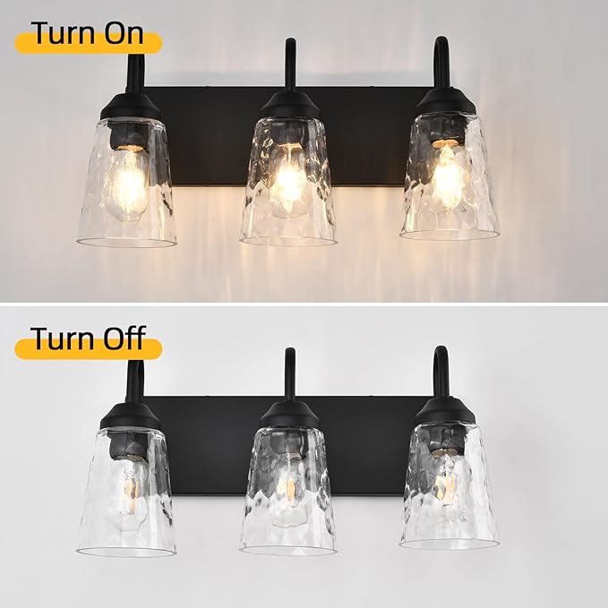 3-Light Bathroom Light Fixtures, Coastal Vanity Lights with Crystal Glass Shade, Black Bathroom Wall Lamp for Mirror Kitchen Hallway Bedroom