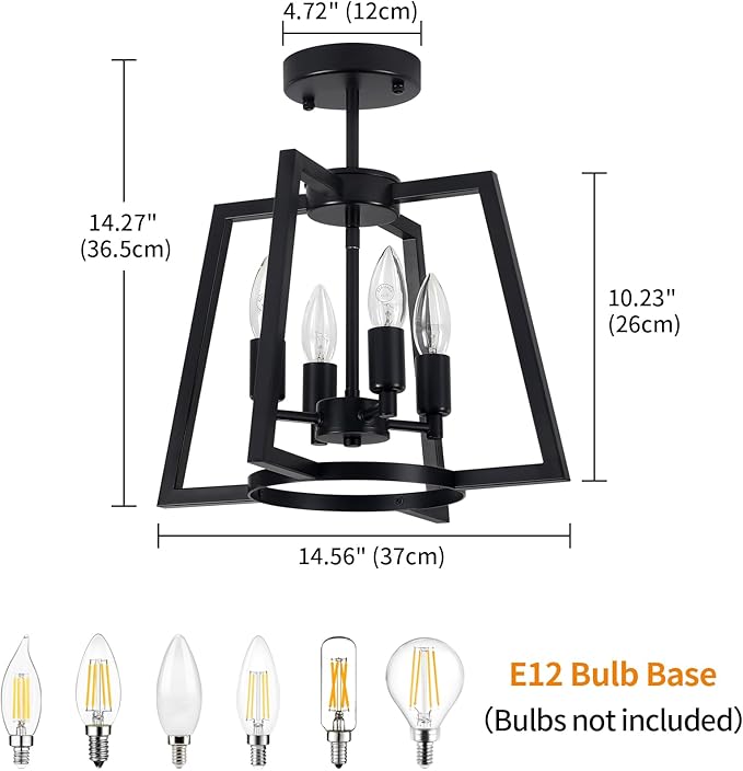 TOULMJ 14.56" Ceiling Light Fixture, 4-Light Farmhouse Black Semi-Flush Mount Ceiling Light for Kitchen Island Laundry Room Bedroom Dining Room Hallway Entryway