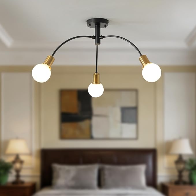 Modern Bedroom Semi Flush Mount Ceiling Light Fixture,Mid Century 3 Light Gold and Black Sputnik Chandelier for Laundry Room Dining Room Kitchen Island Hallway Foyer