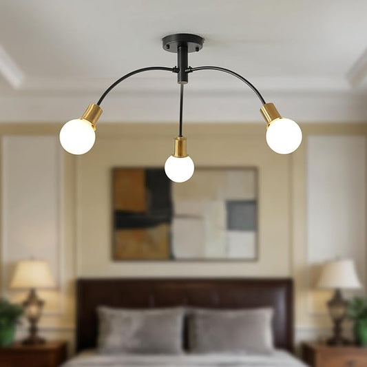 Modern Bedroom Semi Flush Mount Ceiling Light Fixture,Mid Century 3 Light Gold and Black Sputnik Chandelier for Laundry Room Dining Room Kitchen Island Hallway Foyer