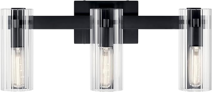 Kichler Jemsa 3-Light Bathroom Vanity Light Fixture, Modern Wall Mount Light with Clear Fluted Glass in Black for Bathroom or Powder Room (9.75" x 22.75"), 55168BK