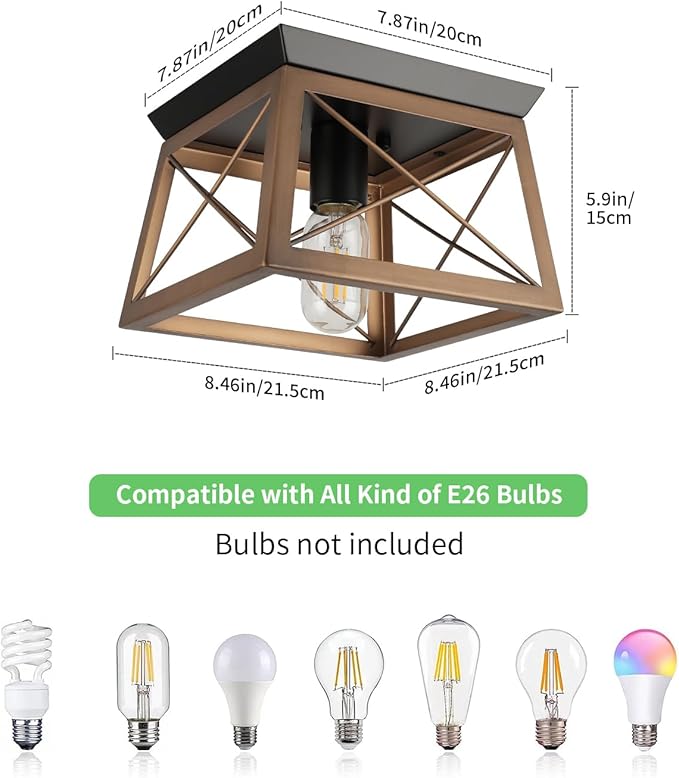 Farmhouse Bronze Flush Mount Ceiling Light - 1-Light Industrial Kitchen, Rustic Flush Mount for Hallway, Entryway, Foyer, Dining Room, Bedroom