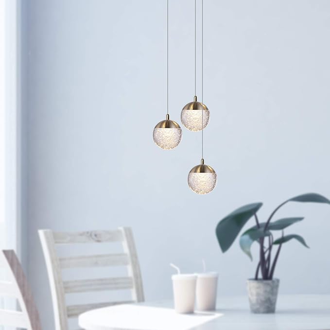 contec development Galaxy 3 Mini Pendant Crystall Ball Lighting Brass - LED Hanging Light Fixture: Kitchen Island, Bar, Foyer - Cluster Pendants - Dimmable, Adjustable Wire, Lamp Bulb Included