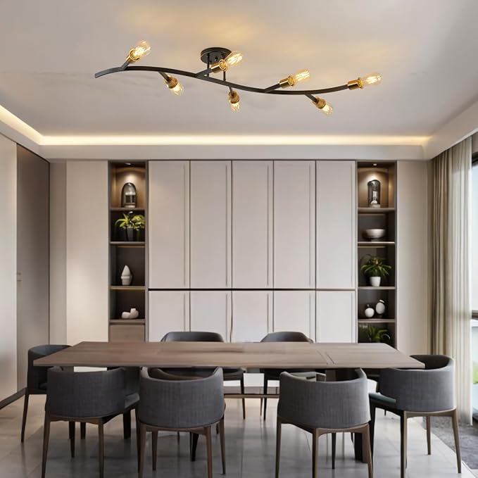 Modern Semi Flush Mount Ceiling Light Fixture for Kitchen Island,Black and Gold 7-Lights Sputnik Chandelier for Living Room,Bedroom,Office(Bulbs Not Included)
