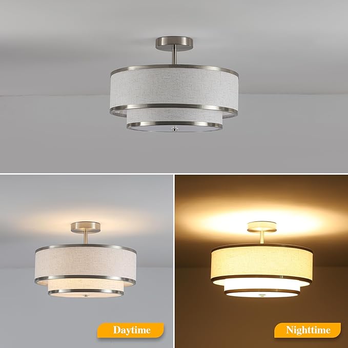 Semi Flush Mount Ceiling Light, 3-Light Double Drum Ceiling Light Fixture with Fabric Shade, Farmhouse Chandelier Dining Room Light Fixture for Bedroom, Kitchen, Hallway (Brushed Nickel)