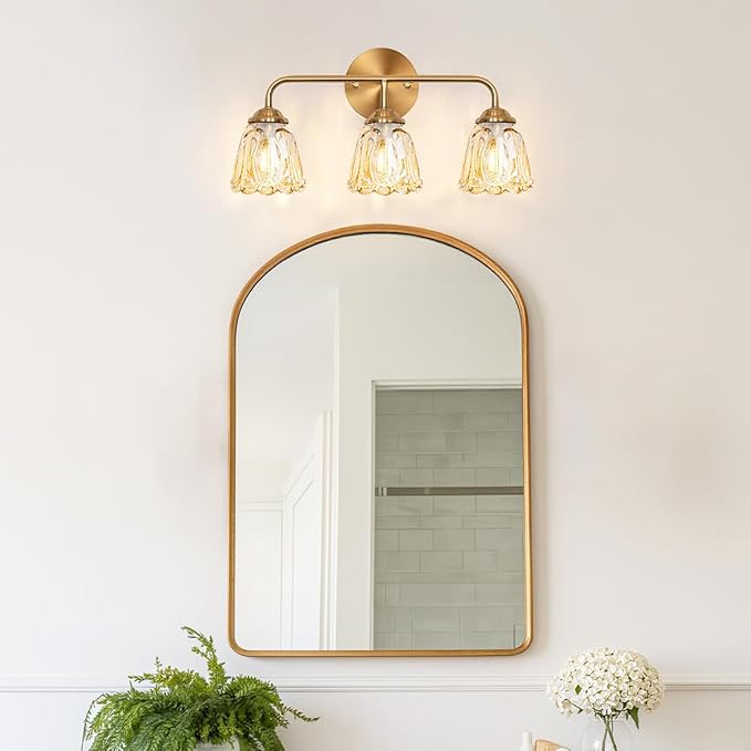 Daunton Vintage 3 Light Vanity Light, Gold Bathroom Vanity Light, Bathroom Light Fixtures with AmberGlass Shade, Antique Vanity Light Fixtures Over Mirror, Wall Sconce for Bedroom, Living Room