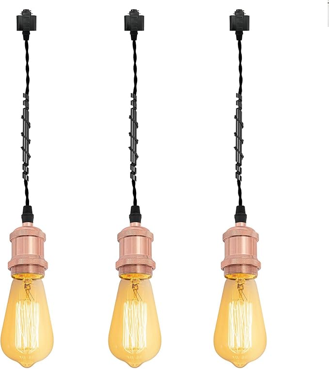 Kiven H-Type Track Lighting Pendants,Vintage Track Lighting Heads Adjustable Height, 3 Light Decorative h Track Pendant Lights, Bulb Not Included,Rose Gold Finish