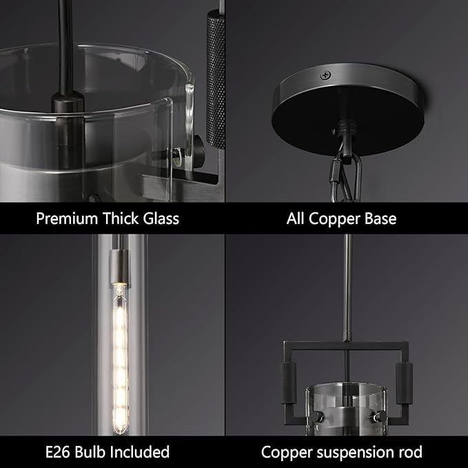 Black Pendant Light Glass for Kitchen Island 1Pack, Adjustable Hanging Chandelier with Glass Shade Modern Pendant Light Fixture for Farmhouse, Dining Room,Bedroom,E26 Bulb Included