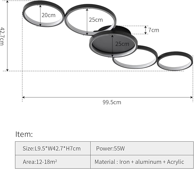 Modern LED Flush Mount Ceiling Light - 55w dimmable Ceiling Light Fixture, 5rings Ceiling lamp for Living Room,Bedroom,Dining Room,Office (Black)