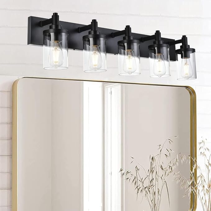 Black Modern Vanity Light for Bathroom,5-Light Bathroom Lighting Fixtures Over Mirror with Clear Glass Shade Wall Mount Light Fixture, E26 Metal Wall Lights for Hallway Kitchen Living Room