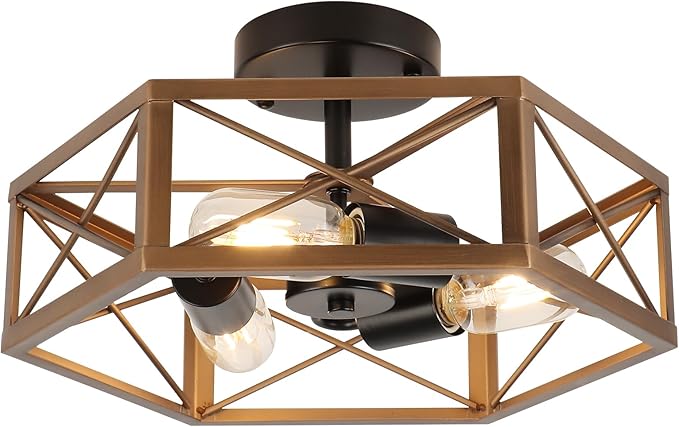 WILON Flush Mount Ceiling Light Fixture for Kitchen - 3 Light Industrial Close to Ceiling Lighting, Bronze Farmhouse Metal Cage Hexagon Lamp for Hallway Kitchen Dining Room Entryway Foyer