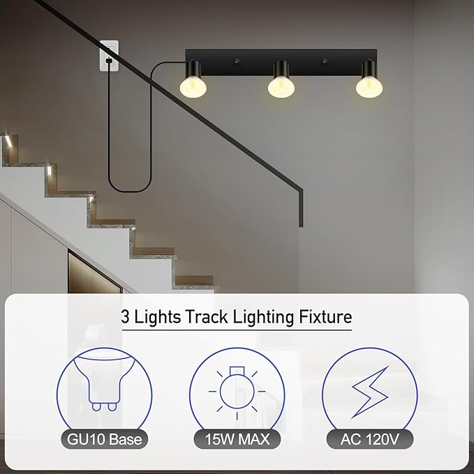 Plug-in Track Lighting, LED Track Lighting Fixtures Ceiling Kit, 16" Black Plug in Wall Light with 14.8ft Cord, 3-Light Ceiling Spotlight,Rotatable Kitchen Light Head for Bedroom Hallway(GU10,NO Bulb)