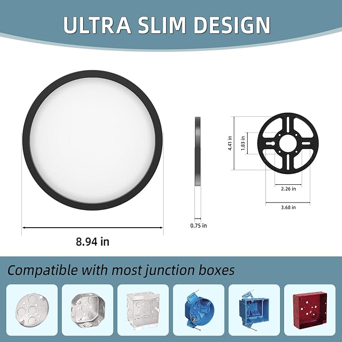 TOPELER Black LED Flush Mount Ceiling Light, 9inch 24W 2000Lm Dimmable Overhead Lighting Fixture, 5CCT Selectable Round Flat Panel Light for Laundry, Stairwell, Basement, Bathroom