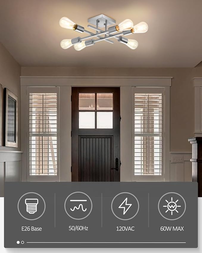 6-Light Semi Flush Mount Ceiling Light Fixture, 2 Pack Modern Brushed Nickel Sputnik Chandelier Lighting, Farmhouse E26 Stock Ceiling Lamp Kitchen Living Room Entryway, Bulbs Not Included