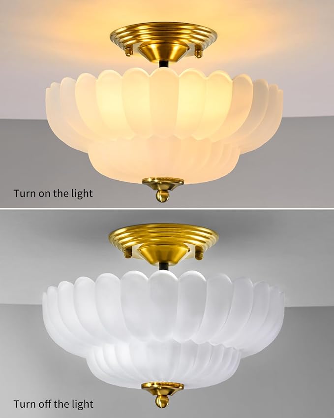 3-Light Vintage Semi Flush Mount Ceiling Light, Frosted Milk Glass Flower Shade with Gold Brass Finish, Elegant Retro Ceiling Light Fixture for Bedroom Hallway Entryway Kitchen