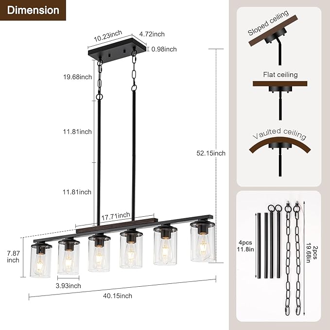 40.15'' Large Dining Room Chandelier Over Table, 6-Light Farmhouse Dining Room Light Fixture Kitchen Island Lighting, Wood Island Lights Black Farmhouse Chandeliers for Dining Room with Glass Shades