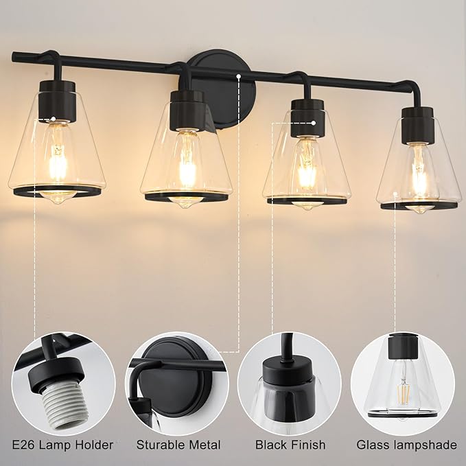 Black Bathroom Light Fixtures 4 Light Bathroom Vanity Lights Over Mirror with Clear Glass Shade, 30 Inch Vanity Lights for Bedroom Modern Wall Sconce Lighting (Exclude E26 Bulb)