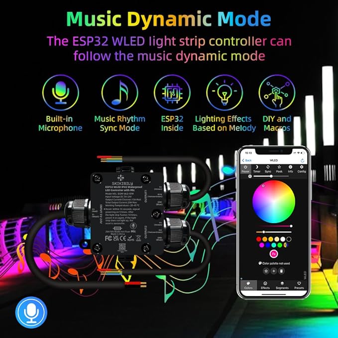 ESP32 WLED LED Controller with Mic for Music Sync, APP/Web Control, IP65 Waterproof, 5V/12V/24V WS2812B SK6812 WS2811 RGBIC Addressable LED Strip Lights, 20A Output Fuse Protection