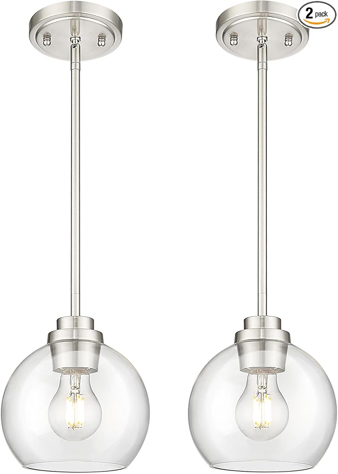 Pendant Lights Kitchen Island 2 Pack, 7" Modern Brushed Nickel Hanging Lights Fixtures with Clear Glass Globe Shade, Kitchen Island Lighting for Bathroom, AD-22280-1P2-SN-C