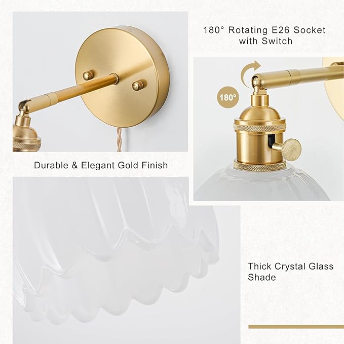 Plug in Wall Sconce, Vintage Sconce Light with Tulip Milk White Glass Lampshade, Bedside Wall Sconce with Switch and Plug in Wall Lamp Cord, Gold Wall Light for Bedroom