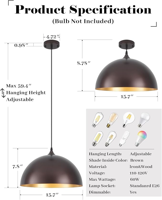 Bronze Pendant Lights Kitchen Island, 16 Inch Large Dome Pendant Light, Modern Farmhouse Pendant Light for Kitchen Island, Dining Room, Cafe, Bar, 2 Pack