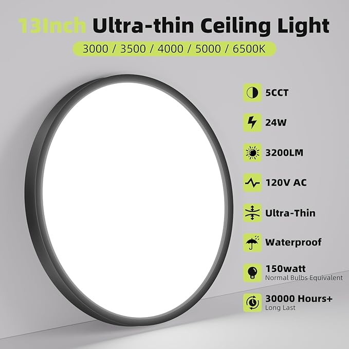 hepside LED Flush Mount Ceiling Light, 13Inch 24W LED Ceiling Lights Fixture,5 Color Temperatures in One,Ultra-Thin Flush Mount Light Fixture for Closet Bathroom Hallway Bedroom Laundry (2PACK)