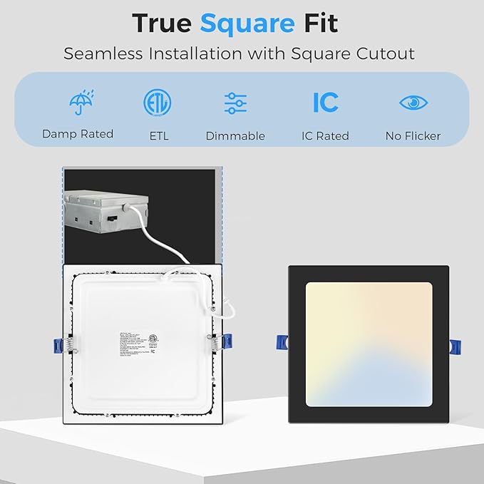 HONZIN 4 Pack 8 Inch Square LED Recessed Lighting, Ultra-Thin Canless Ceiling Light, 5CCT Selectable 2700K/3000K/3500K/4000K/5000K, 20W Dimmable, IC Rated with Junction Box, Black Trim