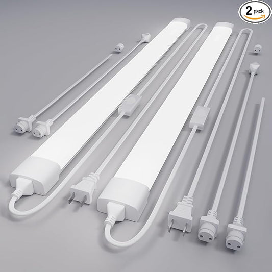 Plug in Light Fixtures 2FT 2PCS Linkable 5000K LED Shop Light, Lightweight Under Cabinet Lighting for Kitchen, Bright Overhead Light for Garage Workbench Bedroom Bathroom, Triproof, 18W
