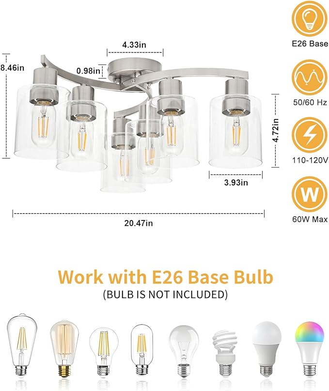 WILON 6-Light Large Brushed Nickel Semi Flush Mount Ceiling Light Fixture, Modern Light Fixtures Ceiling Mount with Clear Glass Shade, Industrial Ceiling Lamp for Dining Room Kitchen Living Room