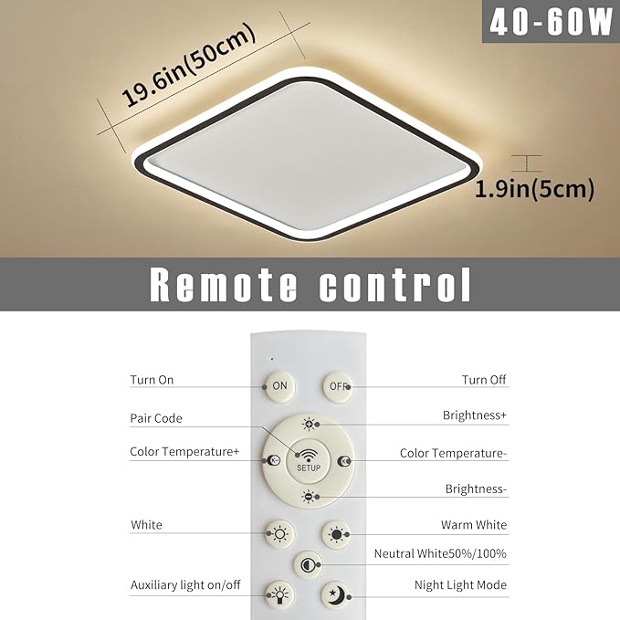 Modern Ceiling Lights，19.6 Inch Flush Mount CeilingLight, Square LED Ceiling Light Fixtures, Thin Modern CeilingLamp, Close to Ceiling Lights for Bedroom, Living Room, 3 Color Temperature Selectable