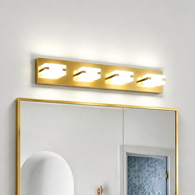LED Bathroom Light Fixtures, 4-Light Modern Vanity Lights with Milky White Frosted Acrylic Shades, Gold Bathroom Lighting fixtures Over Mirror, ETL Listed, 27W (Cool White 5700K)