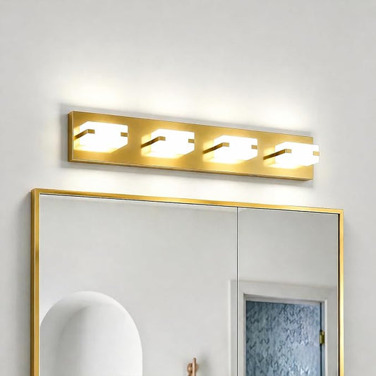 LED Bathroom Light Fixtures, 4-Light Modern Vanity Lights with Milky White Frosted Acrylic Shades, Gold Bathroom Lighting fixtures Over Mirror, ETL Listed, 27W (Cool White 5700K)