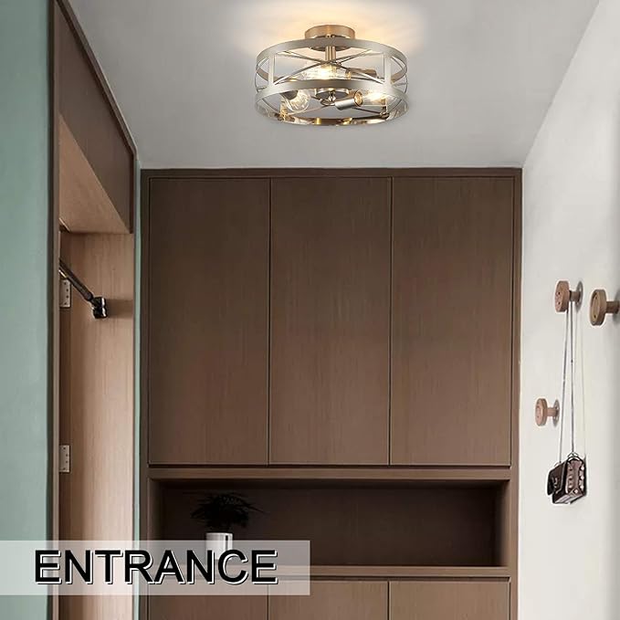 Modern 3-Light Semi-Flush Mount Ceiling Light 13 Inches Round Lighting Fixtures for Kitchen Island Dining Room Bedroom Farmhouse Foyer Hallway Front Door, Brushed Nickel Finish
