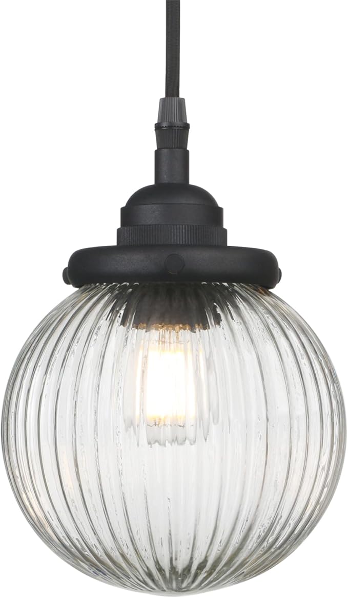 Yosoan 1-Light Vintage Industrial Kitchen Hanging Pendant Light Fixture, Single Hardwired Indoor Vanity Retro Textured Striped Round Glass Shade Small Lamp for Dinning Room Living Room Island(Black)