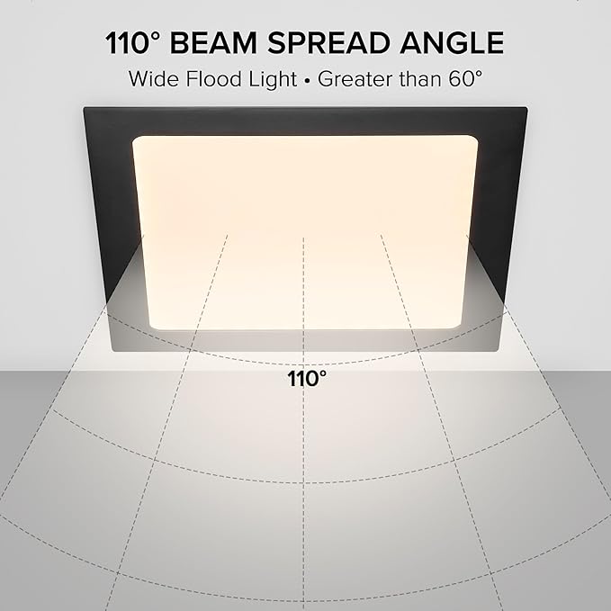 Maxxima 8 in. 5 CCT Square Recessed LED Downlight, 1400 Lumens, Slim Flat Panel Color Selectable (2700K/3000K/3500K/4000K/5000K), Dimmable, Canless IC Rated, Black Trim, J-Box Included