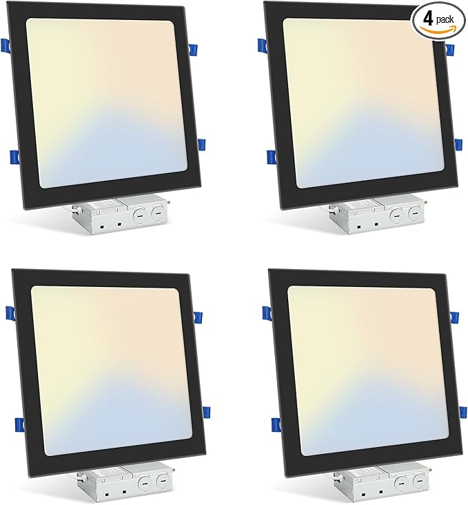 HONZIN 4 Pack 12 Inch Square Recessed Lighting, 5CCT Ultra-Thin LED Downlight, 2700K/3000K/3500K/4000K/5000K Selectable, Dimmable, 24W, IC Rated Canless Ceiling Lights with Junction Box, Black Trim