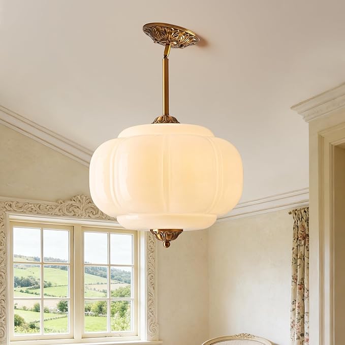 Milk Glass Pendant Light, 14.9 Inch White 3 Color Adjustable Mid-Century Ceiling Light Fixture Schoolhouse Hanging Lamp Chandelier for Kitchen Dining Room Hallway Bedroom (Bulbs Included)
