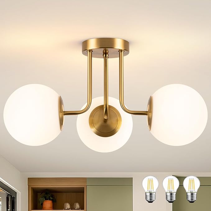 3-Light Frosted Globe Glass Ceiling Lights, Modern Semi Flush Mount Ceiling Light, Gold Sputnik Chandelier Lighting Fixture for Bedroom Living Room Entryway (Bulb Included)