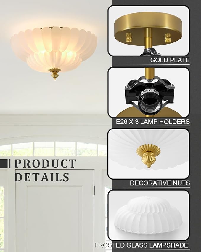 ANYLOVE Modern 12Inch Frosted Glass Flower Glass Semi Flush Mount Ceiling Light, 3 Light for Living Room Bedroom Hallway Entryway Foyer