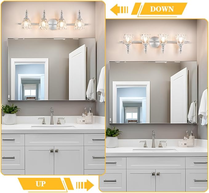 4 Light Brushed Nickel Bathroom Light Fixture, Antique Vanity Light with Flower Glass Shade, Bathroom Vanity Light Over Mirror, Farmhouse Sconces Wall Lighting for Hallway Livingroom Bedroom