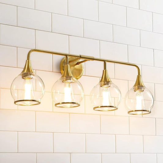 Gold Bathroom Vanity Light 4-Light Bathroom Vanity Light Fixtures Over Mirror with Clear Glass Shade 30.7 inch Wall Sconce Lighting Bath(Exclude E26 Bulb)