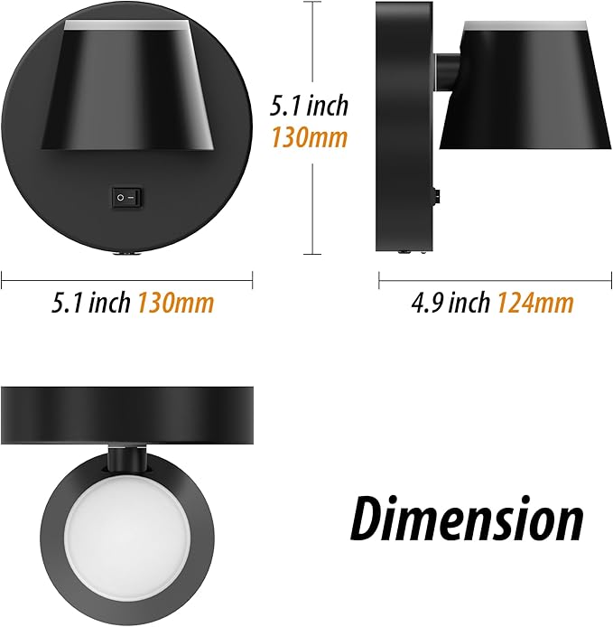 URSOLA Battery Operated Wall Sconce with Remote, LED Rechargeable Battery Wall Light with 9000mAh 3CCT and Dimmable Magnetic 360° Rotation Cordless Light for Bedroom（Black）
