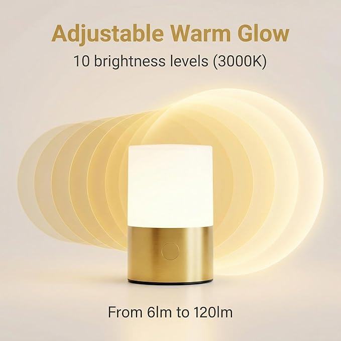 Small Table Lamp - Rechargeable, Portable, 10 Brightness Levels, Auto-Off Timer, Waterproof, Up to 20-Hours,Warm Light for Bedside, Reading, Dining,Travel, Camping & Décor-Brass
