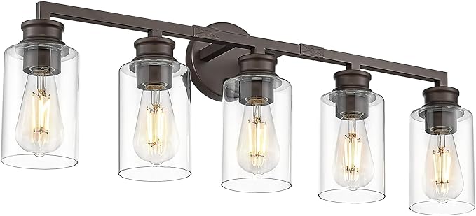 Emliviar Large 5-Light Vanity Light Fixture for Bathroom, Modern 30 Inch Sconce Wall Lighting with Clear Glass Shade, Oil Rubbed Bronze Finish, YCE253B-5W ORB