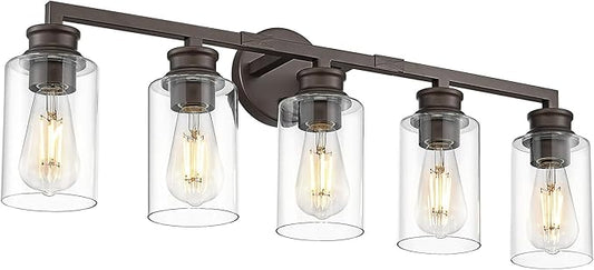 Emliviar Large 5-Light Vanity Light Fixture for Bathroom, Modern 30 Inch Sconce Wall Lighting with Clear Glass Shade, Oil Rubbed Bronze Finish, YCE253B-5W ORB