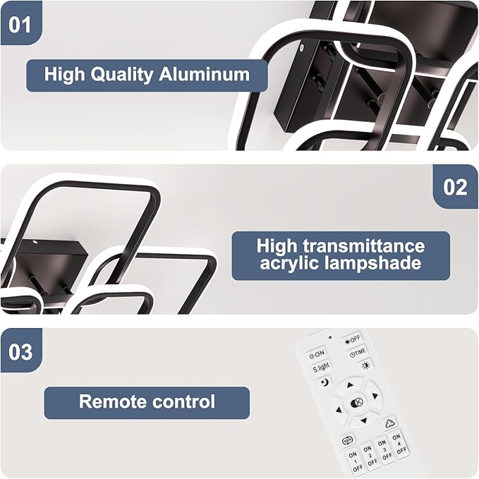 31.5" Modern LED Ceiling Light 6-Square Dimmable Ceiling Light Fixtures with Remote 3000K-6000K Black Close to Ceilings Lamp 60W for Living Room, Bedroom